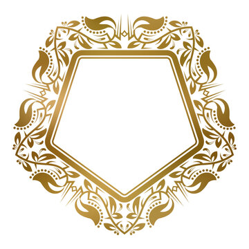 Golden decorative pentagonal frame with floral ornament. Suitable for vintage chevron or badge design.