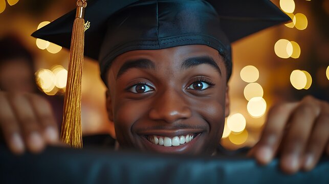 View from inside a congratulatory gift box, close-up of a graduate’s delighted smile, eyes wide with joy, hands gently touching the box edges, cap and gown visible, soft ambient lighting,