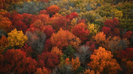 An aerial view of an autumn forest with colorful trees.