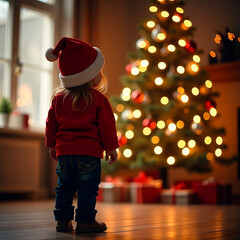 A child in a red Santa hat, looking at a glowing Christmas tree
