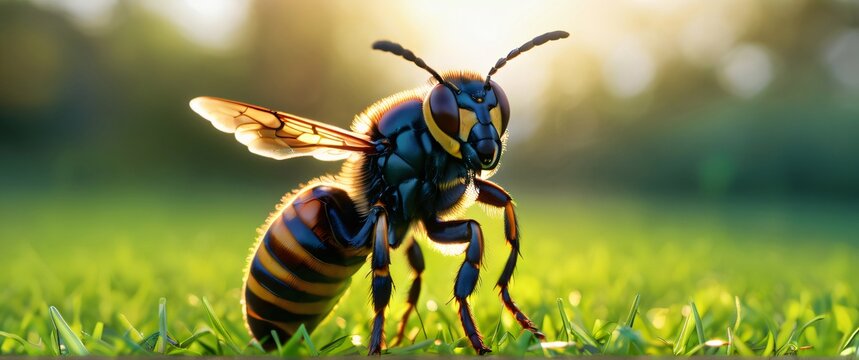 Asian Giant Hornet Vespa mandarinia macroshot with green grass and sunset. Highly detailed and realistic 21:9 ultrawide illustration
