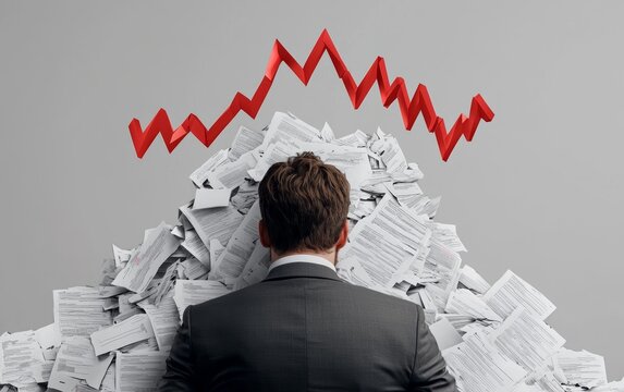 A mountain of debt papers and stock market losses crushing a businessman, with red graphs looming above