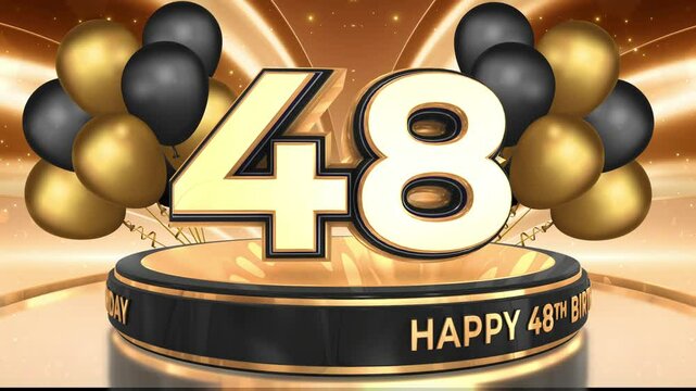48 years, 48th birthday loop, looped video background, backdrop in 3D Gold with balloons
