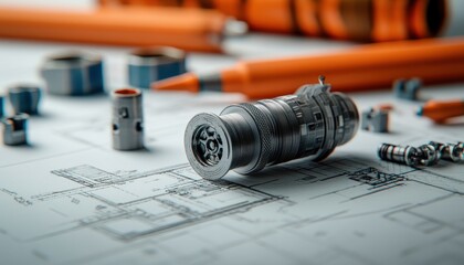 Engineering prototyping tools on a blueprint showcasing design and development process