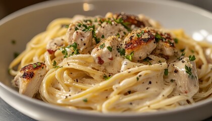 Delicious grilled chicken alfredo pasta served in a white bowl for an inviting dinner experience
