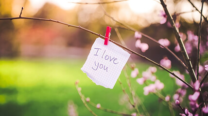 A handwritten note 'I love you' pinned to a thin tree branch with a small red clothespin. love note, I Love You Too,  romantic message, love declaration, nature and love, romance, love expression
