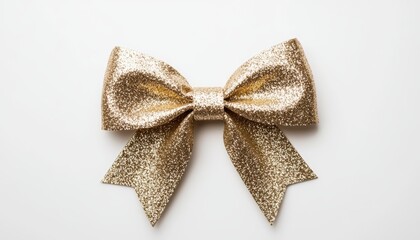 A shimmering gold Christmas bow with glittery accents, perfect for a glamorous holiday touch, sparkling festive ribbon, isolated on white background