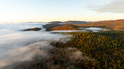 Aerial view of a sunrise over a forested mountain landscape, with dense mist and clouds creating a golden, ethereal atmosphere, showcasing the beauty of nature during early morning.