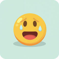 Fototapeta premium A yellow smiley face emoji with black eyes, a wide open mouth, and two teardrops, suggesting laughter. The emoji is styled in a simple, flat design and represents a feeling of pure joy and amusement, 