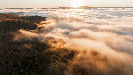 Aerial view of a sunrise over a forested mountain landscape, with dense mist and clouds creating a golden, ethereal atmosphere, showcasing the beauty of nature during early morning.