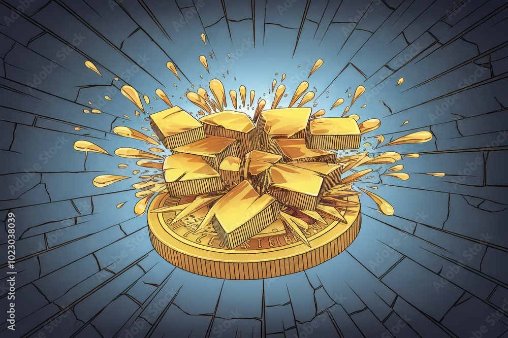 Aufkleber an imaginative illustration of a gold coin exploding in mid-air, creating a dynamic splash of golden