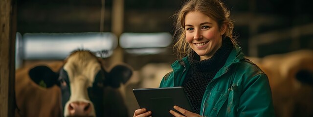 A female farmer, smiling at the camera, holds a digital tablet in a cow barn