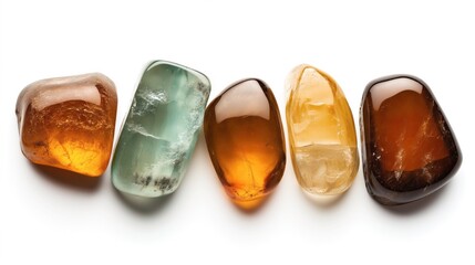 Five polished gemstones in different colors arranged on a white background