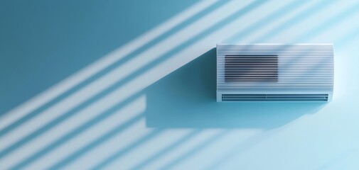 Blue airflow from wall-mounted air conditioner, serene living room, sunlight filtering in, energy-efficient cooling, modern home setting