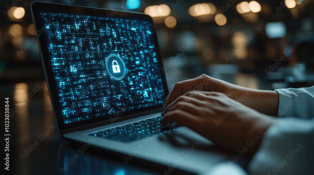Poster a user engages with a laptop displaying a digital security lock graphic, emphasizing cybersecurity i