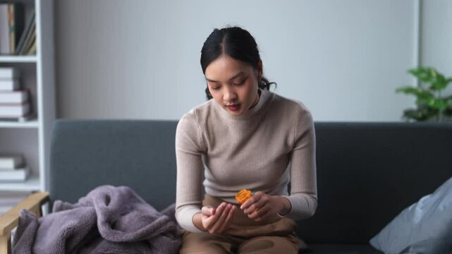 Young woman taking medicine pills on sofa