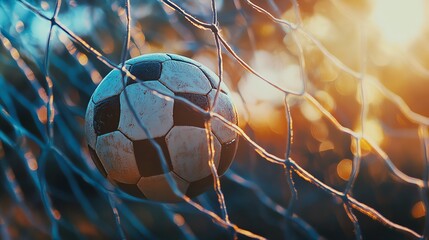 A close-up of a soccer ball in the net after a goal.