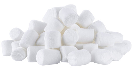 Big pile white mini marshmallows isolated on a transparent background. Completely in focus.