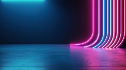 Obraz premium Minimalist room with vibrant neon lights on a dark background featuring curved pink and blue lines and reflective floor.