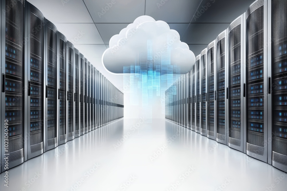 Poster high-tech data center with a floating digital cloud and blue data streams, servers lined up in the b