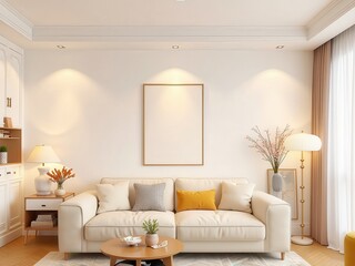 Modern y2k-inspired living room with retro furistic furnitures against white wall with frame canvas. Calm, retro-futuristic vibe. Frame mockup