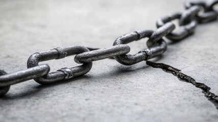 Close-up of metal chain with crack on concrete surface, symbolizing weakness and breaking points