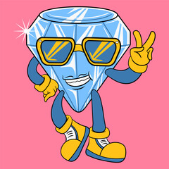 Cute Diamond With Sunglass Peace Pose Cartoon Vector Illustration