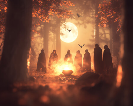 Dark Ritual Scene Under Full Moon with Bonfire