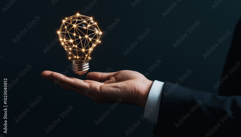 Poster light bulb with glowing digital connections in a hand, data visualization and technological advancem