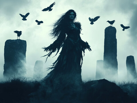 A powerful depiction of the Celtic goddess Morrigan standing tall in a dark landscape during Samhain. 