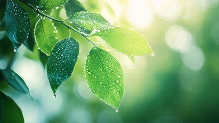 A close-up view of a leaf adorned with glistening water drops captures the beauty of morning sunlight in an artistic nature macro
