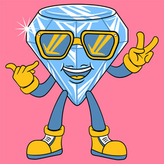 Cute Diamond With Sunglass Peace Pose Cartoon Vector Illustration