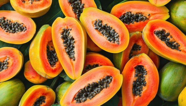 Fresh and ripe papaya slices showcasing a vibrant tropical delight at a local market - Powered by Adobe
