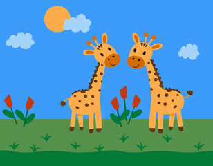 Fototapeta premium The illustration shows two cute giraffes against a background of blue sky, bright sun and white clouds. Flowers and green grass are growing.