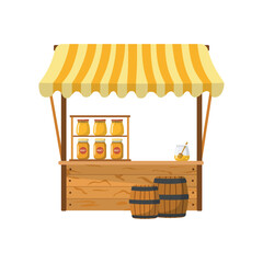 Traditional farmers market wooden food stall with honey jars. Flat vector illustration. Isolated on white background
