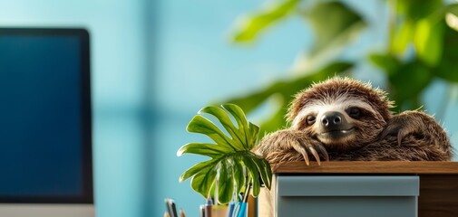 Sloth chilling on a desk with office supplies, casual work environment, computer screen and plant in background, quirky and fun workplace