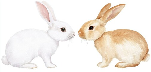 Fototapeta premium Two cute rabbits, one white and one brown, nuzzling on a white isolated background.