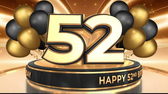 52 years, 52nd birthday loop, looped video background, backdrop in 3D Gold with balloons
