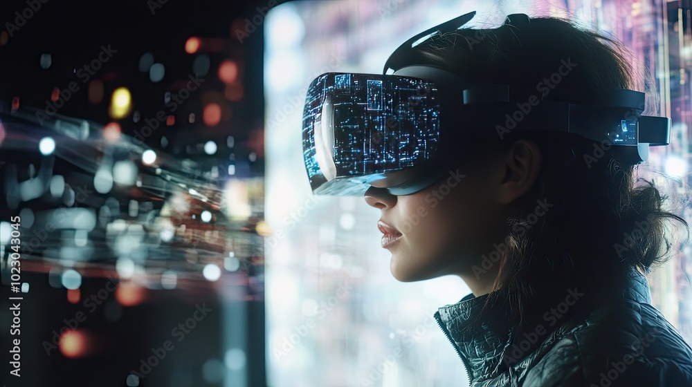 Poster wearing a virtual reality headset, a person engages with digital data flowing into their physical sp