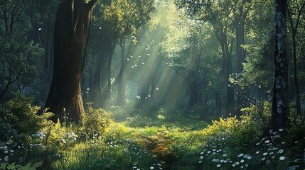 Fototapeta premium A serene sunlit forest features lush green undergrowth, creating a peaceful woodland landscape. 