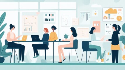 A modern office space with diverse individuals collaborating and working on laptops.