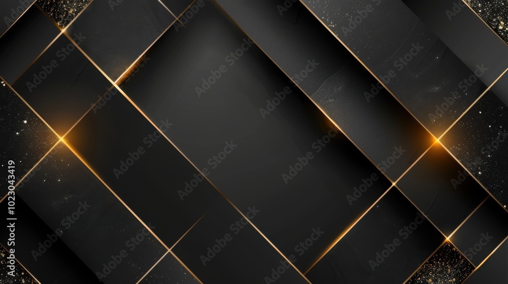 Poster abstract black and gold geometric background with a metallic texture and sparkling particles.