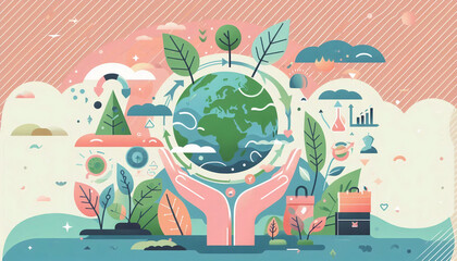 Illustrated hands holding a green Earth surrounded by leaves and eco-friendly symbols, promoting sustainability and environmental care