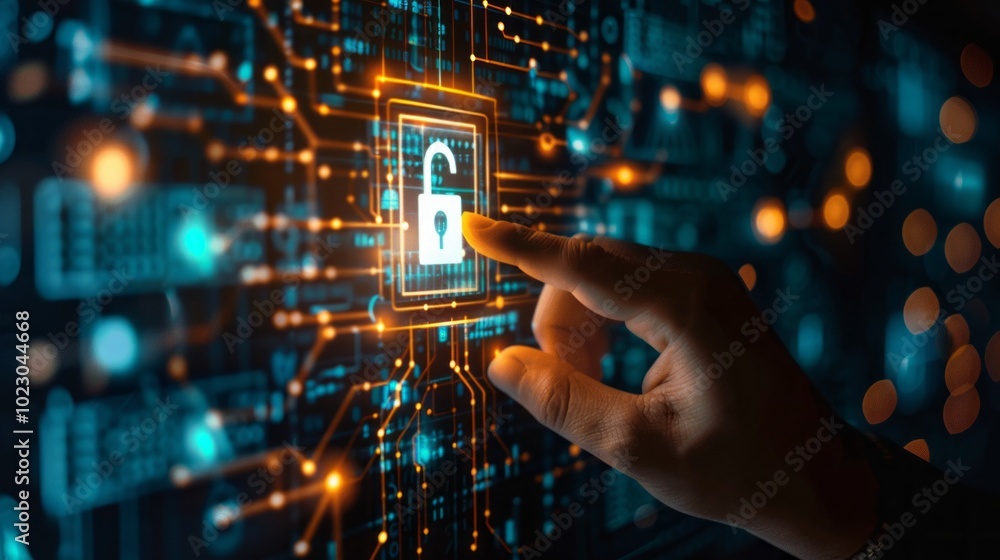 Poster a person is pointing at a computer screen with a glowing lock symbol