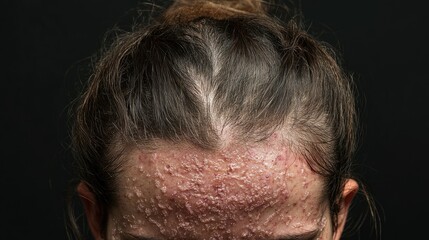 Fototapeta premium An unrecognizable woman scalp showing signs of psoriasis, with psoriatic redness and crusts, emphasizing the challenges