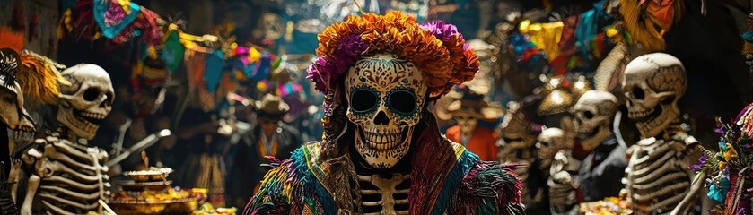 Vibrant display of decorated skeletons celebrating a traditional festival, showcasing colorful attire and joyful atmosphere.