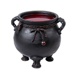 A witch's black metal cauldron with legs filled red blood liquid on an isolated background