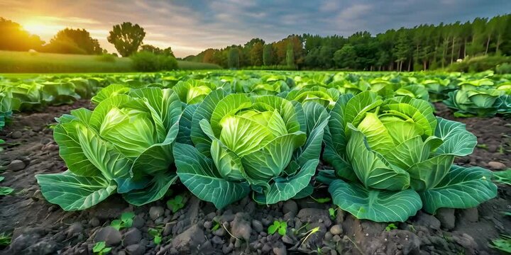 Lush green cabbage farm with rows of fresh crops ready for harvest.