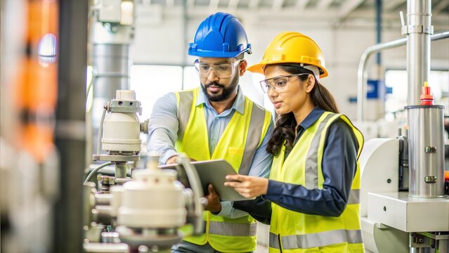 Two India engineers in hard hats and safety glasses inspecting and operating machinery in an industrial plant.