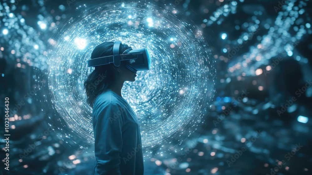 Poster digital data flows around a person wearing a virtual reality headset, blending the boundaries betwee